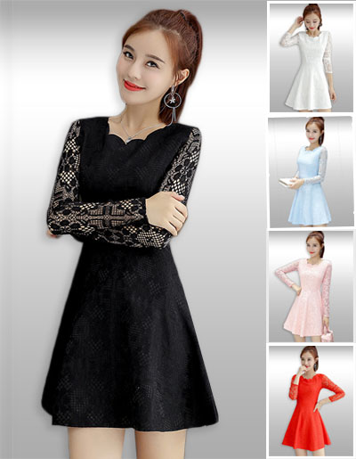 ชุดเดรสสั้นแฟชั่นแขนยาวแต่งลูกไม้แบบสวยน่ารัก2003