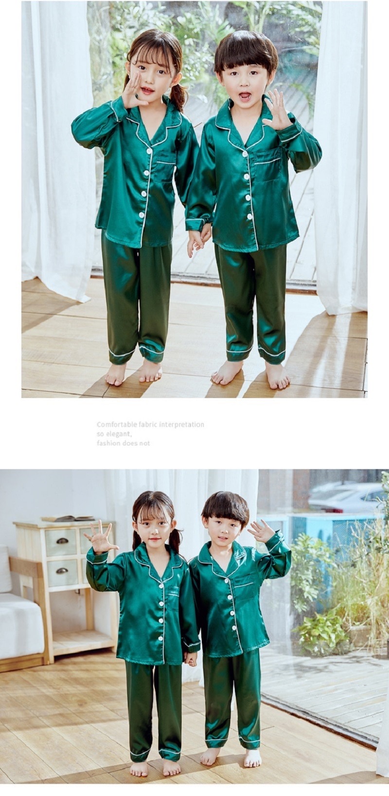 พร้อมส่ง ชุดนอนเด็ก ชุดนอนซาติน เสื้อแขนยาว+กางเกงขายาว