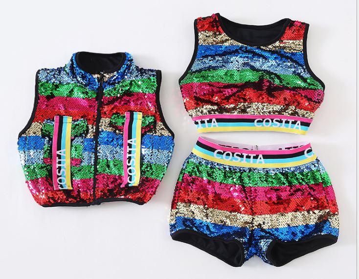 ชุดเต้น ชุดการแสดง เซ็ตแขนกุด ปักเลื่อม ลายตุ๊กตา สีรุ้ง