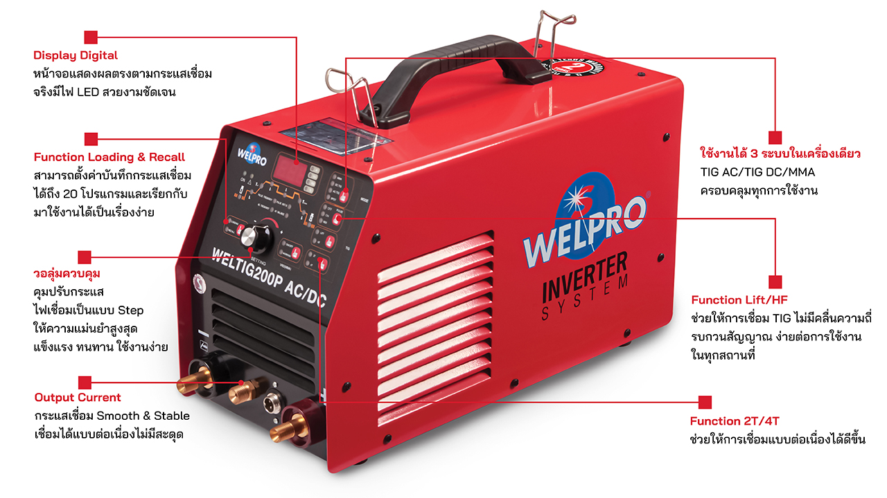 WELPRO WELTIG200P AC/DC เครื่องเชื่อมอินเวอร์เตอร์ 220V เชื่อมอลูมิเนียม, เหล็ก, สแตนเลส, ทองแดง รับประกัน 3ปี