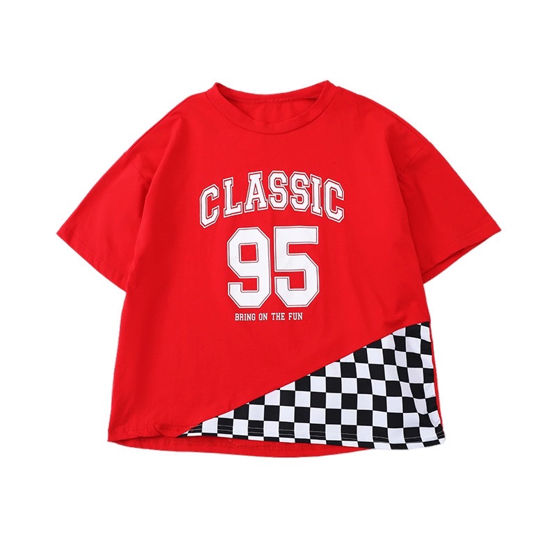 ชุดเต้น ชุดเซ็ต เสื้อแดงแขนสั้นลาย CLASSIC95 กระโปงสั้น กางเกงขายาว