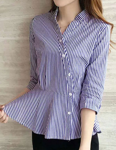 เสื้อเชื๊ตคอจีนแฟชั่นลายตรงกระดุมเฉียงชายเสื้อระบาย รหัส 1843-สีน้ำเงิน