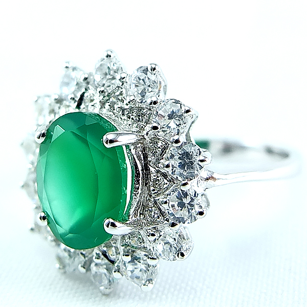 แหวนเงินแท้ราคาถูกชุบทองคำขาว พลอยแท้กรีนอะเกท 1.80 กะรัต เพชรCZ 0.658 กะรัต งานประณีตสวยงาม สั่งผลิตค่ะ