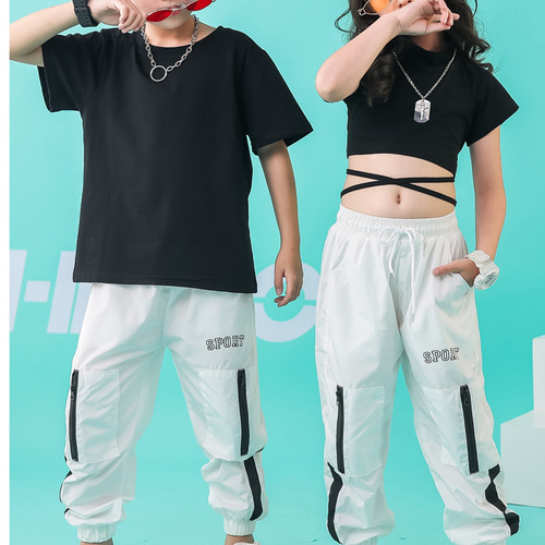 ชุดเต้น ชุดแดนซ์ เสื้อเอวลอยสีดำ+กางเกงขายาวสีขาว