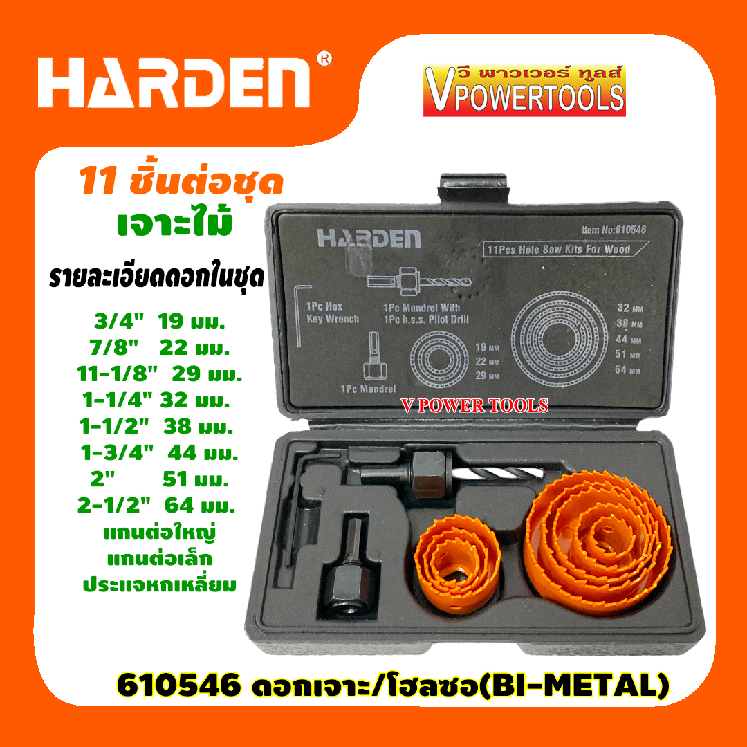HARDEN ชุดโฮลซอเจาะไม้ 11ตัวชุด Hole Saw (19-64มม.) รุ่น 610546