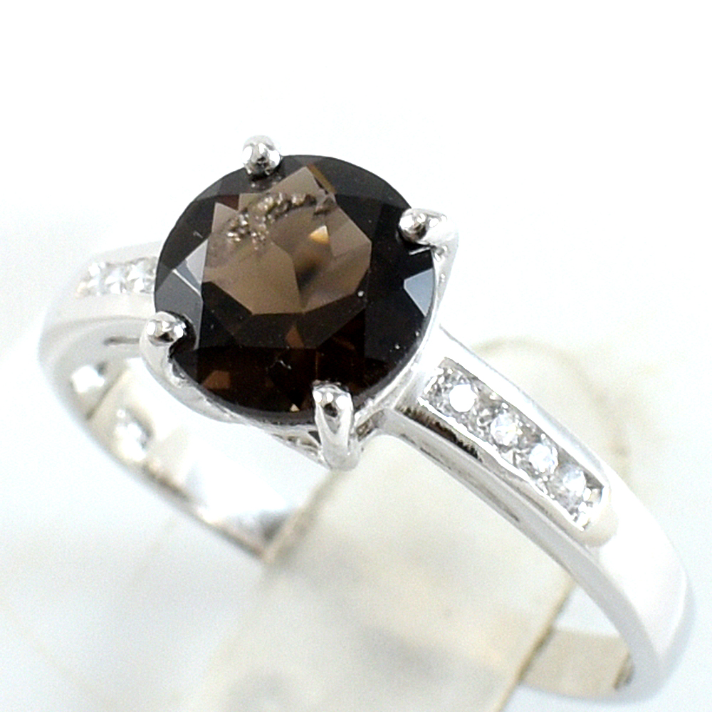 แหวนเงินแท้ราคาถูกชุบทองคำขาว พลอยแท้สโมกกี้ควอทซ์ 1.55 กะรัต งานประณีตสวยงาม สั่งผลิตค่ะ