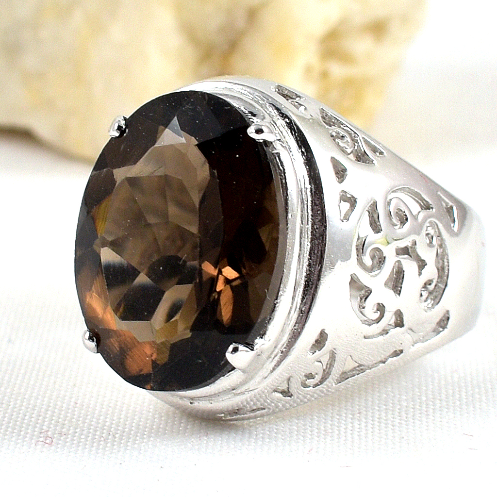 แหวนเงินแท้ราคาถูกชุบทองคำขาว พลอยแท้สโมกกี้ควอทซ์ 8.95 กะรัต งานประณีตสวยงาม สั่งผลิตค่ะ