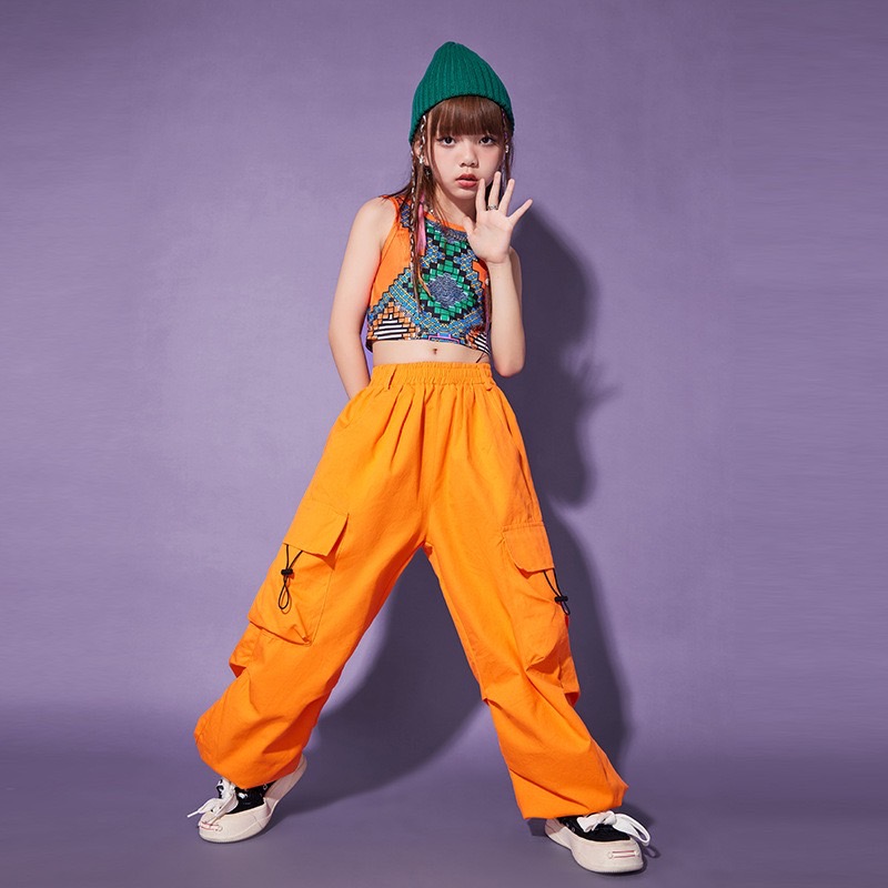 พร้อมส่ง ***ชุดเต้น แดนซ์ เสื้อเอวลอยแต่งลาย+กางเกงคาร์โก้ สีส้ม