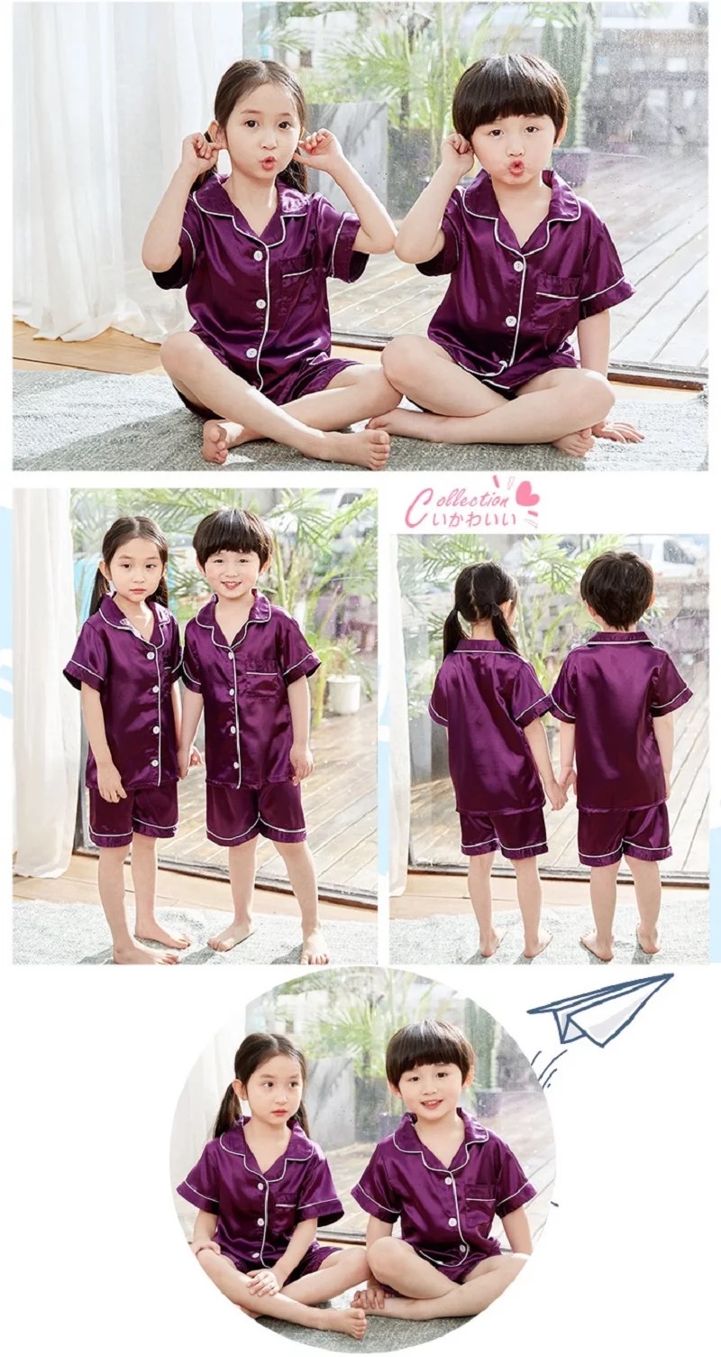 พร้อมส่ง ชุดนอนเด็ก ชุดนอนซาติ เซ็ท2ชิ้น เสื้อแขนสั้น+กางเกงขาสั้น