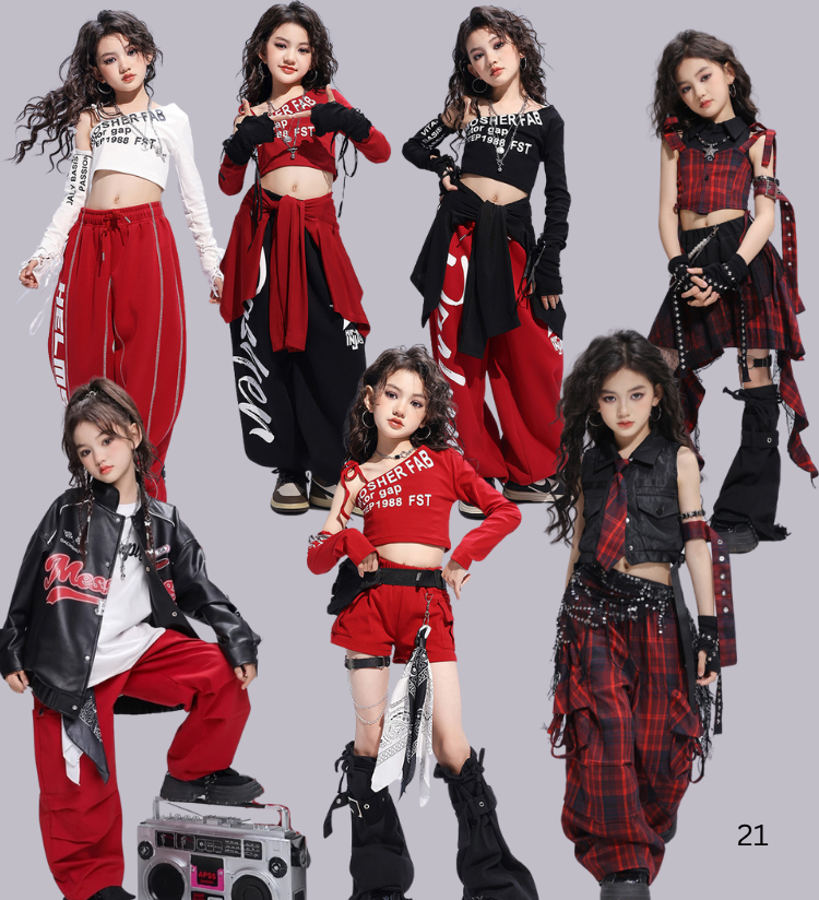 ชุดเต้น เซ็ตเสื้อปาดไหล่ พร้อมปลอกแขน โทนลายสก๊อต ดำแดง