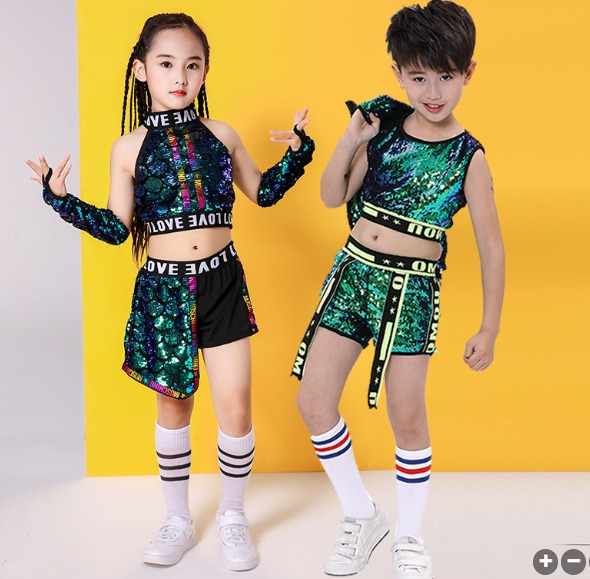 พร้อมส่ง ***ชุดเต้น ชุดฮิปฮอป เสื้อแขนกุด ปักเลื่อม สีเขียว + กางเกง