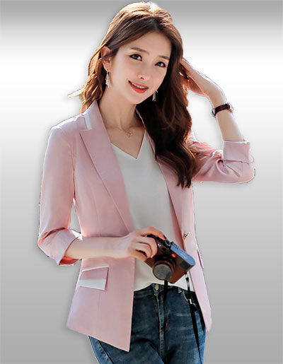 เสื้อสูทผู้หญิงสีชมพูแต่งขลิบสีขาวสไตล์สวยหรู 5 ไซส รหัส 2151