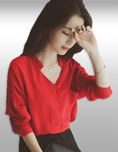 เสื้อแฟชั่นสีแดงคอวีแขนยาวสไตล์เรียบหรู รหัส1684