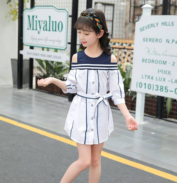 เดรสเด็กน่ารัก เดรสผูกเอว ลายทาง สีขาว-กรม