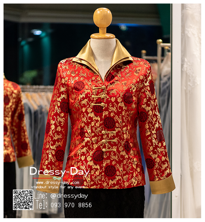 รหัส ชุดกี่เพ้า :KPS094 เสื้อกี่เพ้าหญิง เสื้อจีน แขนยาว สีแดง ปักลายดอกบัว สวย หรูหรา ไฮโซใส่ พร้อมส่ง