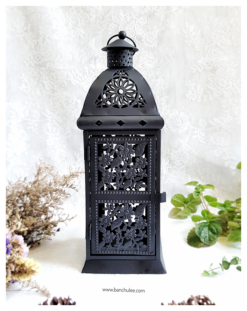 Black Vintage Lantern ตะเกียงสไตล์วินเทจ สีดำ ฉลุลายดอกไม้