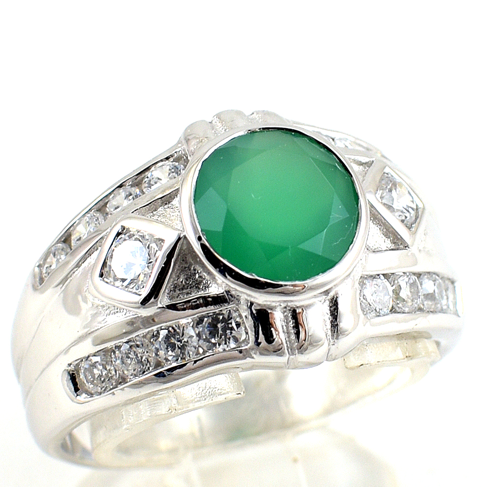 แหวนเงินแท้ราคาถูกชุบทองคำขาว พลอยแท้กรีนอะเกท 1.94 กะรัต เพชรCZ 0.437 กะรัต งานประณีตสวยงาม สั่งผลิตค่ะ