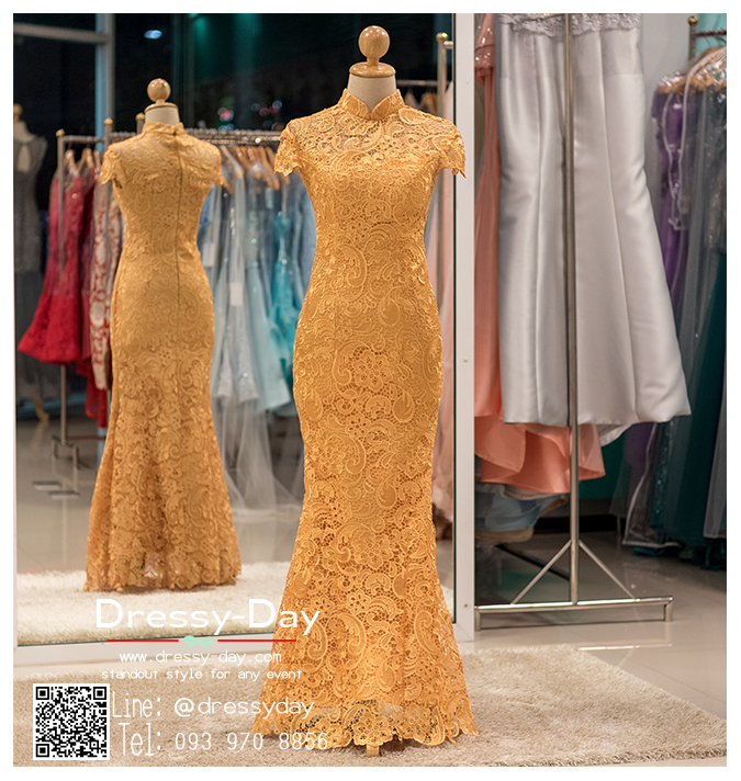รหัส ชุดกี่เพ้า : KPL020 ชุดกี่เพ้าประยุกต์งานลูกไม้ทอสวยหรู สีทอง ชุดกี่เพ้าสวยๆ ซีทรูช่วงหน้าอก คัตติ้งเป๊ะมาก ใส่ออกงาน ไปงานแต่งงาน ใส่เป็นชุดพิธีกร ชุดเพื่อนเจ้าสาว ชุดถ่ายพรีเวดดิ้ง ชุดยกน้ำชา หรือ ใส่ ชุดกี่เพ้าแต่งงาน