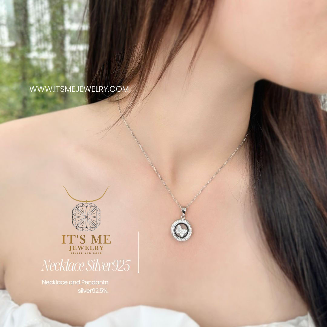สร้อยเงินแท้92.5% สร้อยพร้อมจี้ ประดับเพชร cz ชุบทองคำขาว Free size 15.5-17.5 นิ้ว(เนื้อเงินแท้)