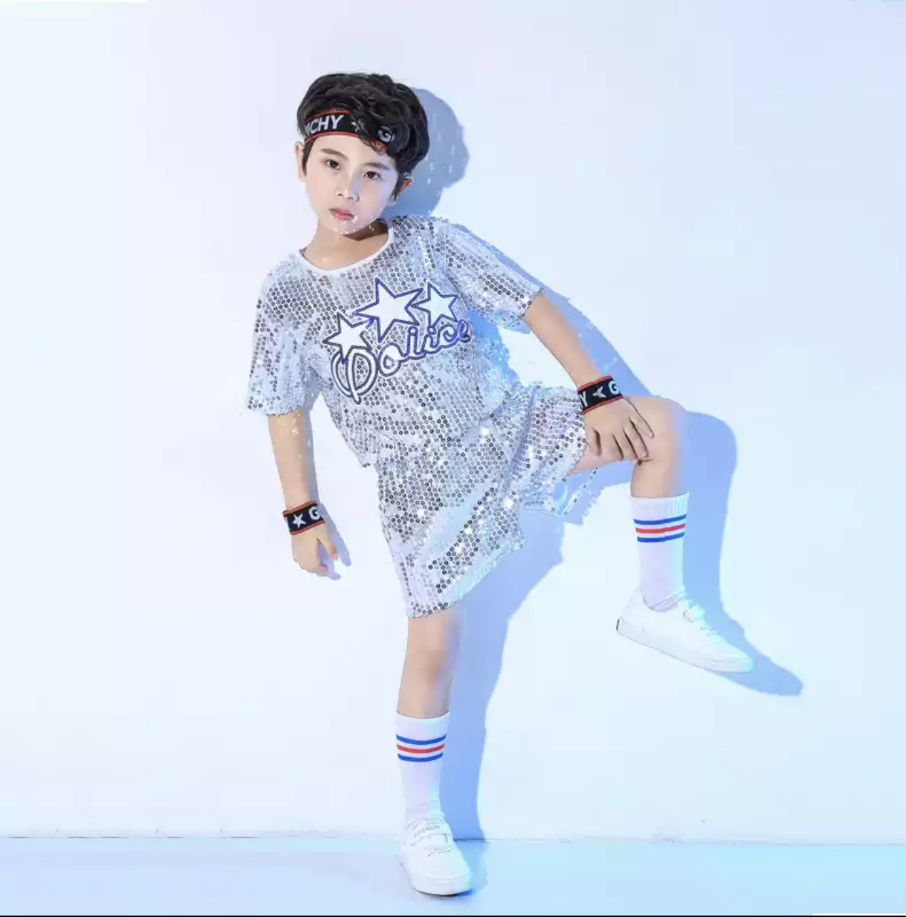 F ชุดเต้น ปักเลื่อม เซ็ตเสื้อ+กางเกง สีทอง+คาดผม