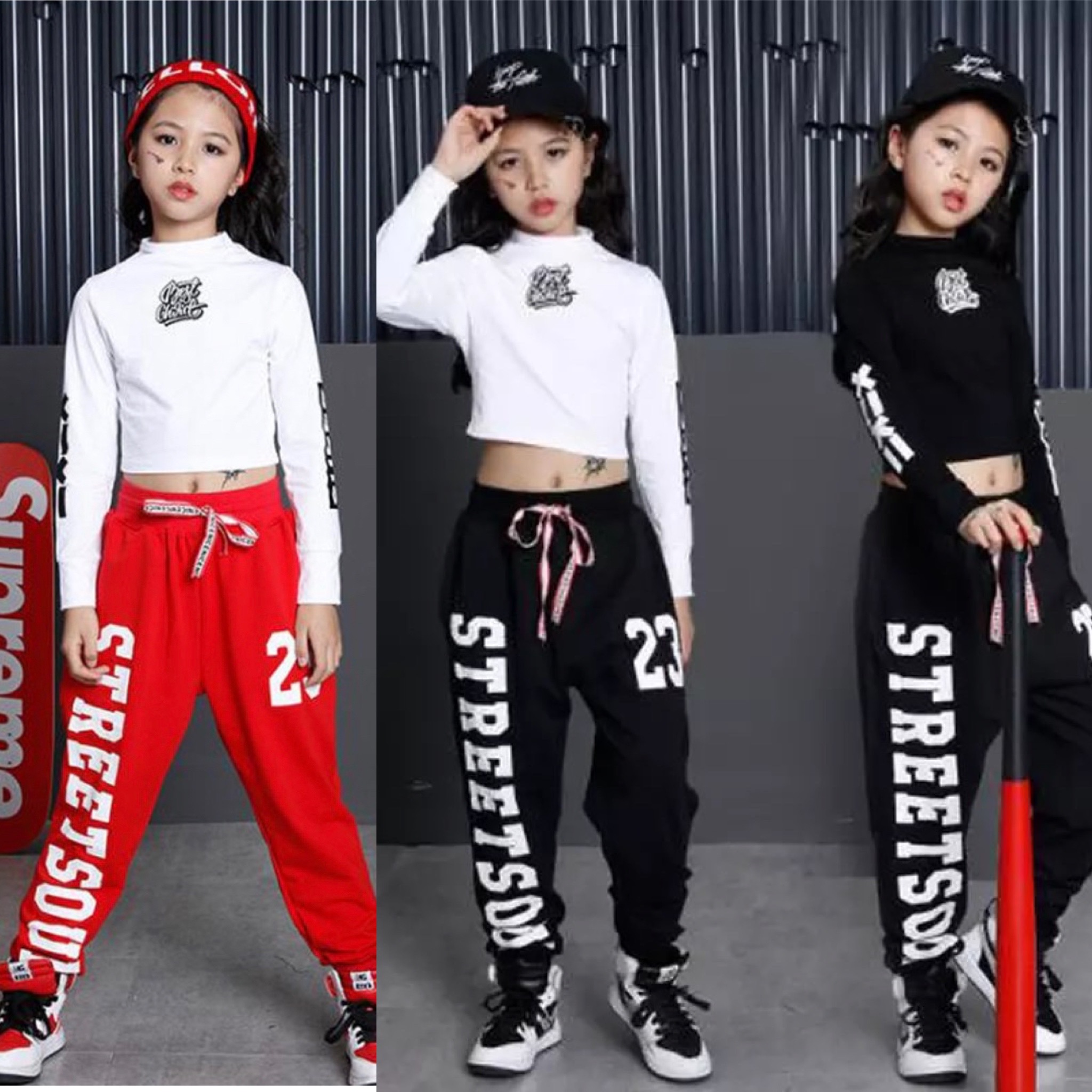 พร้อมส่ง ชุดเต้น ชุดฮิปฮอป สีขาวแขนยาวสีแดง+กางเกง
