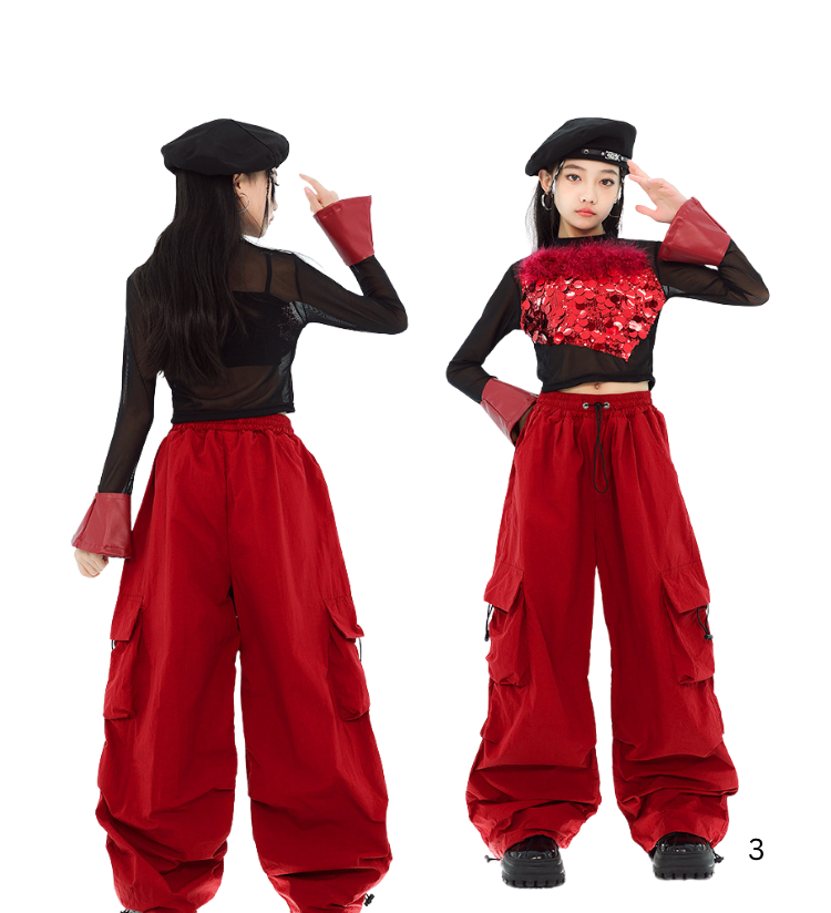 พร้อมส่ง ชุดเต้น เซ็ต เสื้อ+กางเกงขายาว คาร์โก้ หนัง สไตล์ Y2K