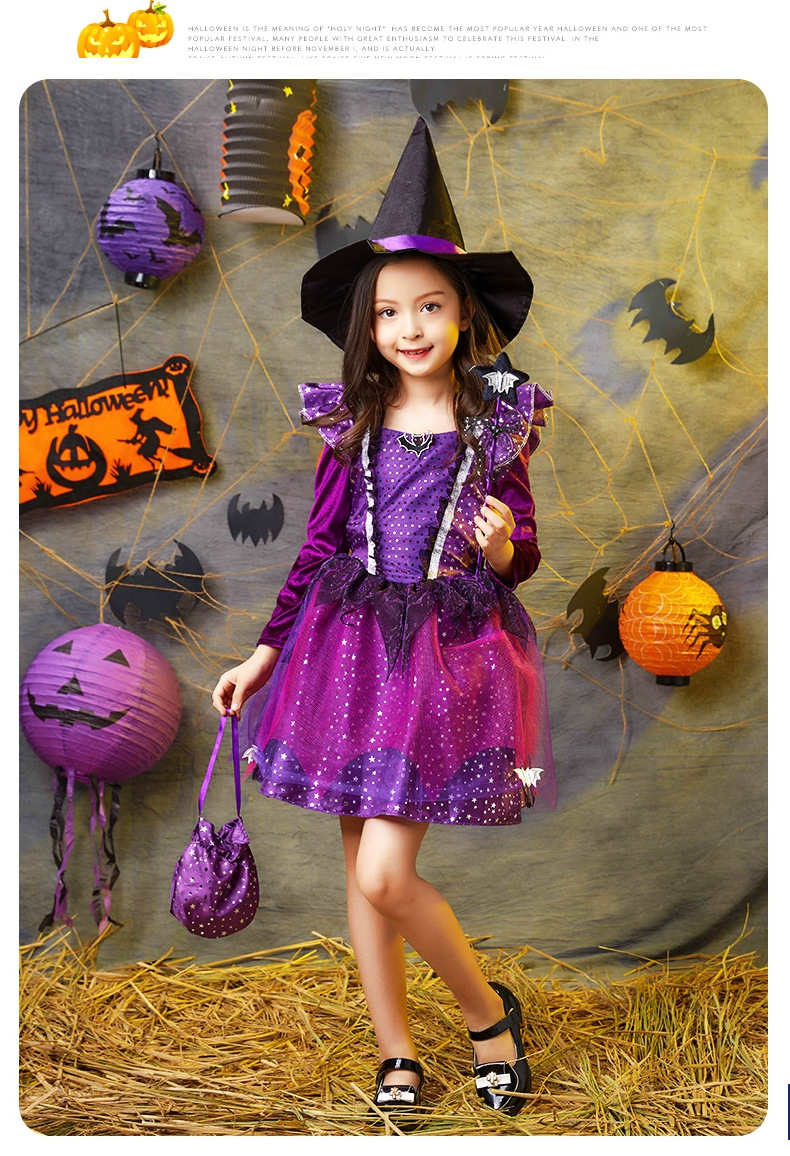 พร้อมส่ง ชุดฮาโลวีน เดรสแม่มด สีม่วง+ผ้าคลุม+หมวก ปลอกแขน