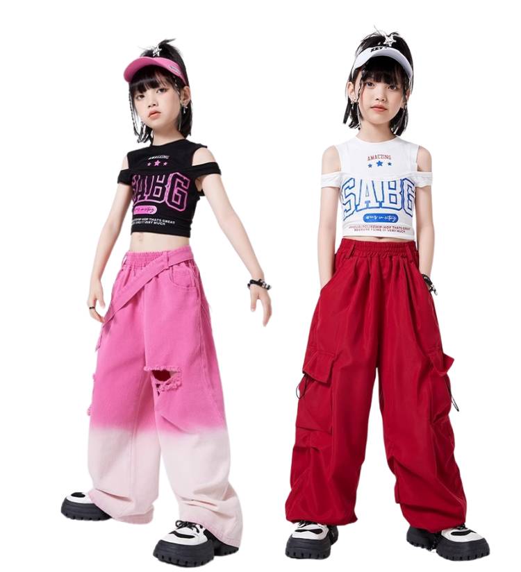 พร้อมส่ง ชุดเต้น เสื้อเปิดไหล่+กางเกงคาร์โก้ แดงไวน์