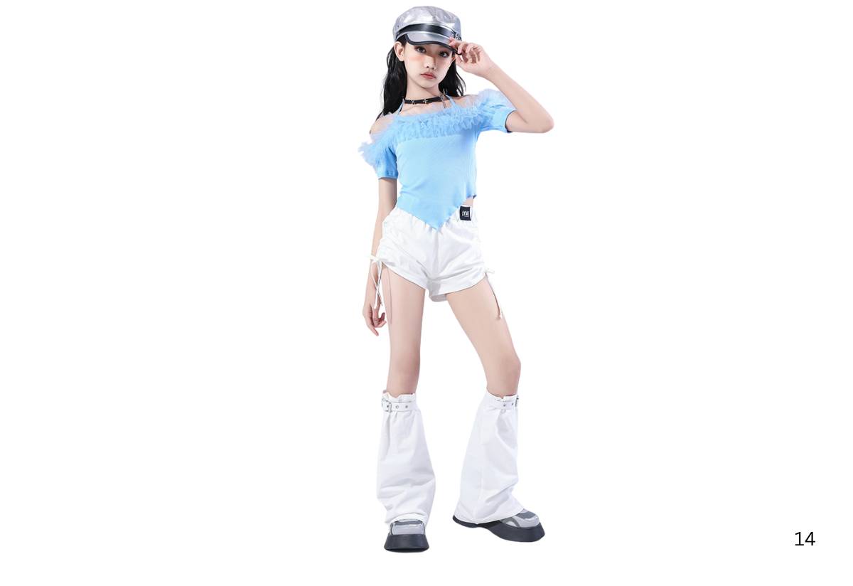 พร้อมส่ง ชุดเต้นเด็กผู้หญิง แฟชั่นเกาหลี สีฟ้าขาว สไตล์ K-pop ฮิปฮอป แขนเปิดไหล่ + กางเกงขาสั้น พร้อมปลอกขา