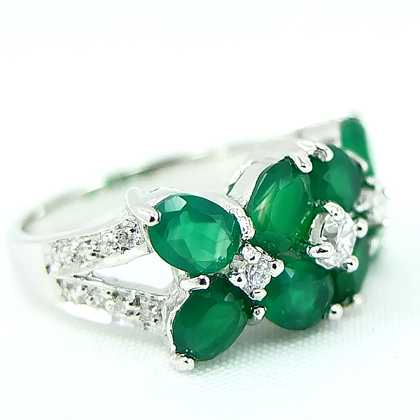 แหวนเงินแท้ราคาถูกชุบทองคำขาว พลอยแท้กรีนอะเกท 3.20 กะรัต เพชรCZ 0.272 กะรัต งานประณีตสวยงาม สั่งผลิตค่ะ