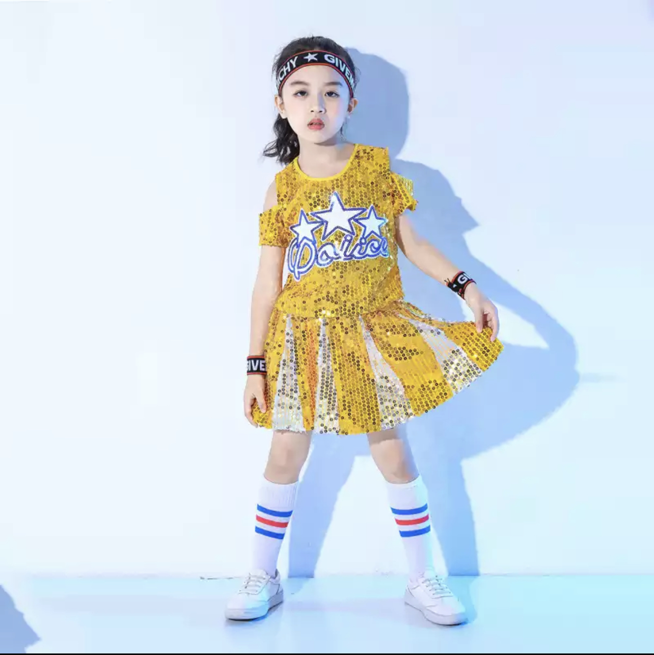 F ชุดเต้น ปักเลื่อม เซ็ตเสื้อ+กางเกง สีทอง+คาดผม