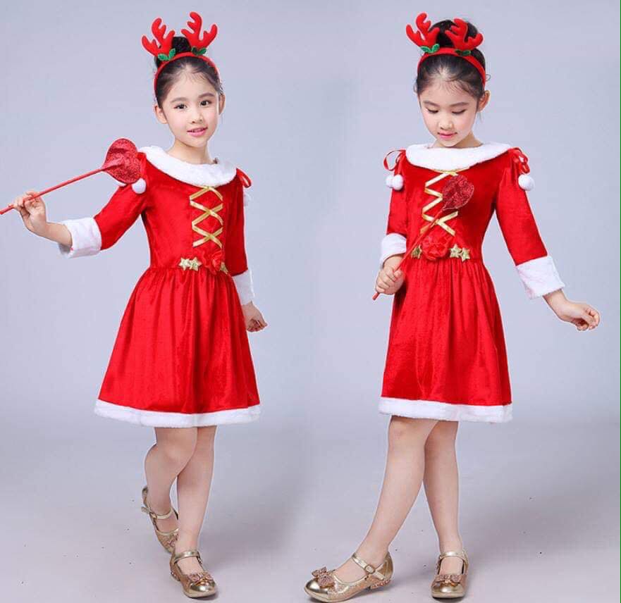 พร้อมส่ง ชุดคริสต์มาส เดรสแขนสี่ส่วน+ที่คาดผม+คฑา