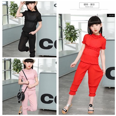 F-ชุดเด็ก : ชุดเซ็ตชีฟอง+กางเกงสามส่วน สีแดง,สีดำ,สีชมพู