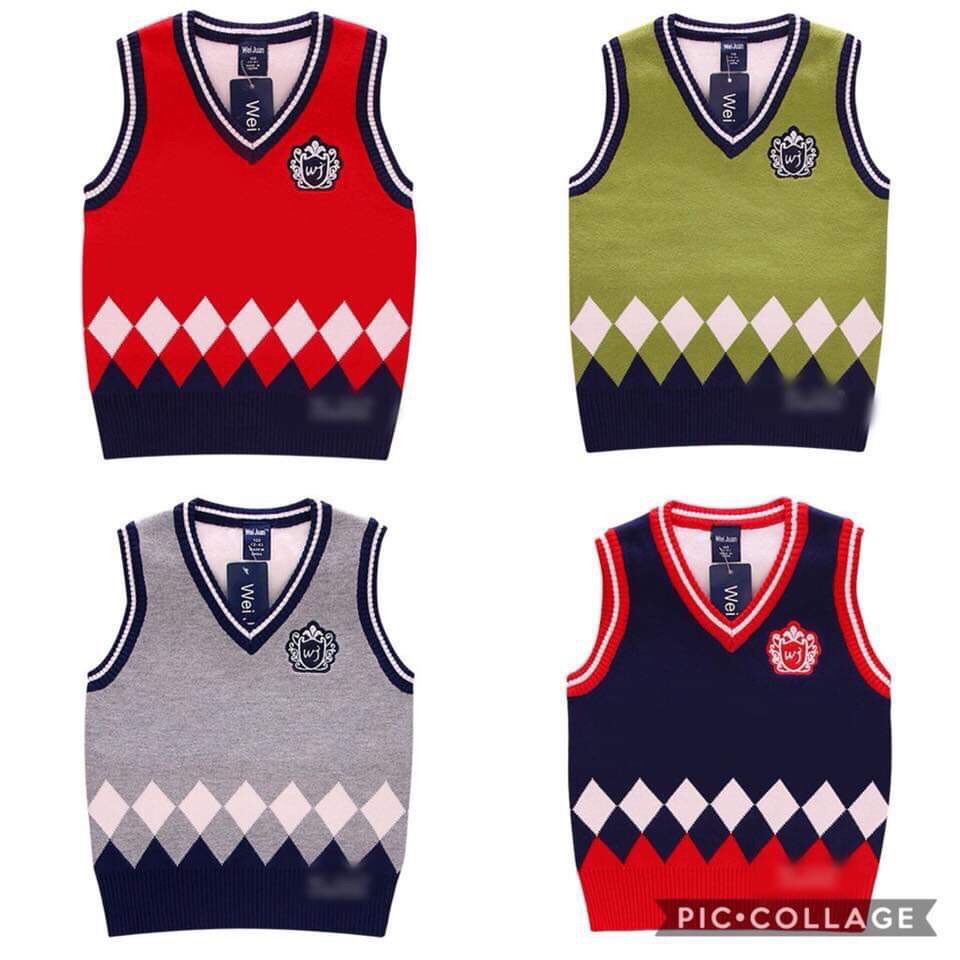 เสื้อกันหนาว : เสื้อกั๊ก ไหมพรม ลายข้าวหลามตัด แขนขลิบกรม