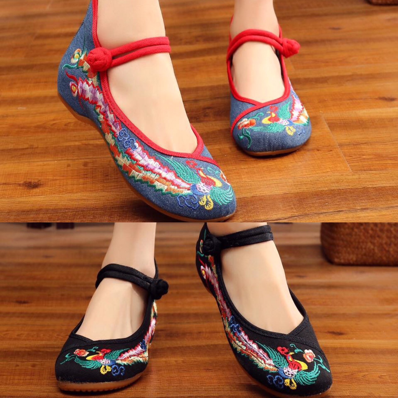 รองเท้าจีน คัชชู ลายดอกโบตั๋น นกยูงแฉก