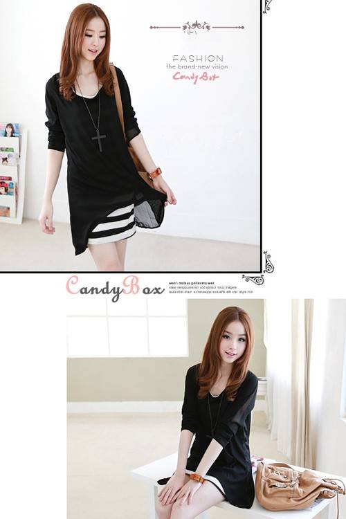 ชุดเดรสแฟชั่นเกาหลีน่ารัก ตัวนอกผ้าชีฟอง ตัวในผ้า cotton ลายขาวดำ น่ารักมี2ชิ้น