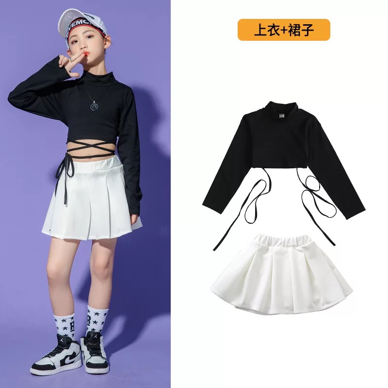 ชุดเต้น ชุดแดนซ์ เสื้อผูกเอว แขนยาว+กระโปรงสั้นสีขาว