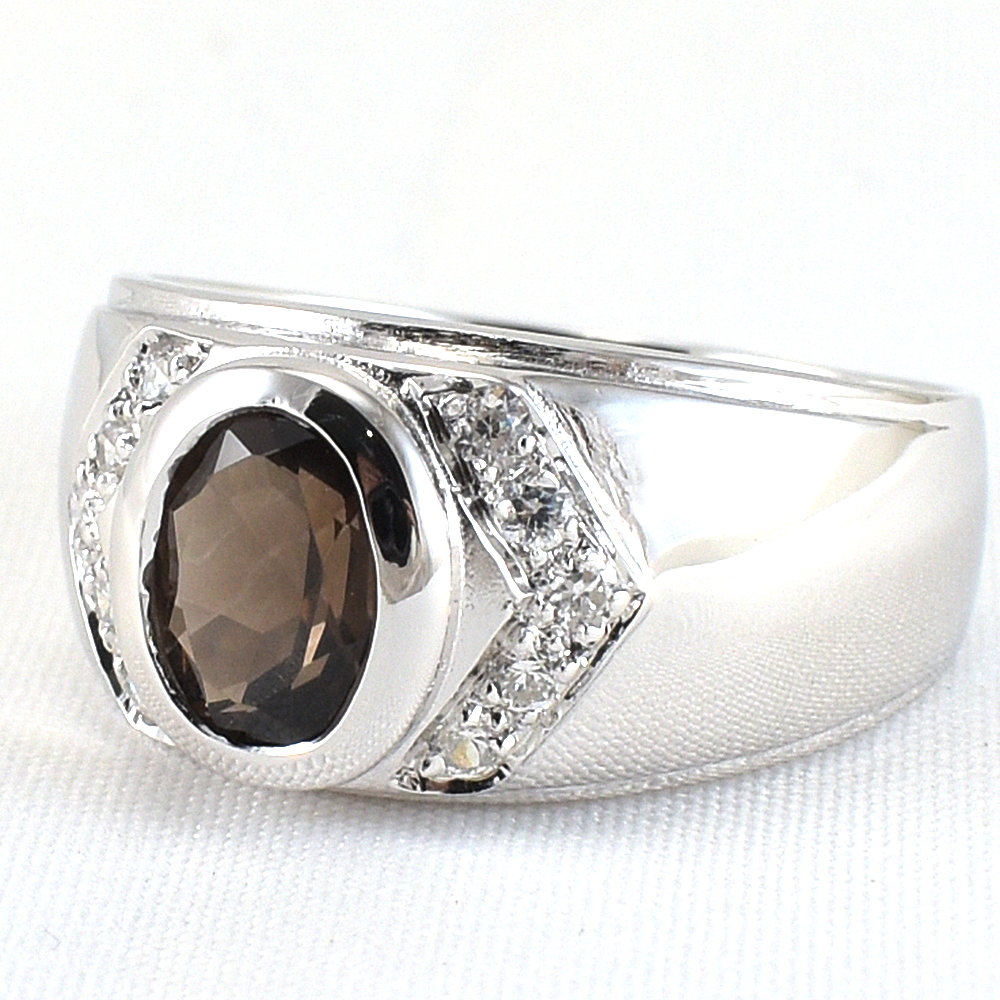 แหวนเงินแท้ราคาถูกชุบทองคำขาว พลอยแท้สโมกกี้ควอทซ์ 1.60 กะรัต เพชรCZ 0.30 กะรัต งานประณีตสวยงาม สั่งผลิตค่ะ