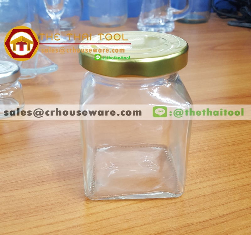 ขวดโหลทรงสี่เหลี่ยม ฝาทอง 170 ml. รหัส : 005-J892 Glass bottle Square shape with lid 170 ml. Code : 005-J892,ขวดแยมทรงสี่เหลี่ยม