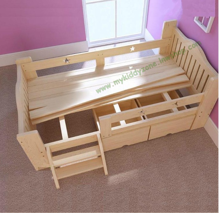 เตียงเด็กโต เตียงนอนไม้ เตียงเดี่ยวสำหรับเด็ก สีเบจ มีลิ้นชักเก็บของใต้เตียง TP21001(WDK1S)