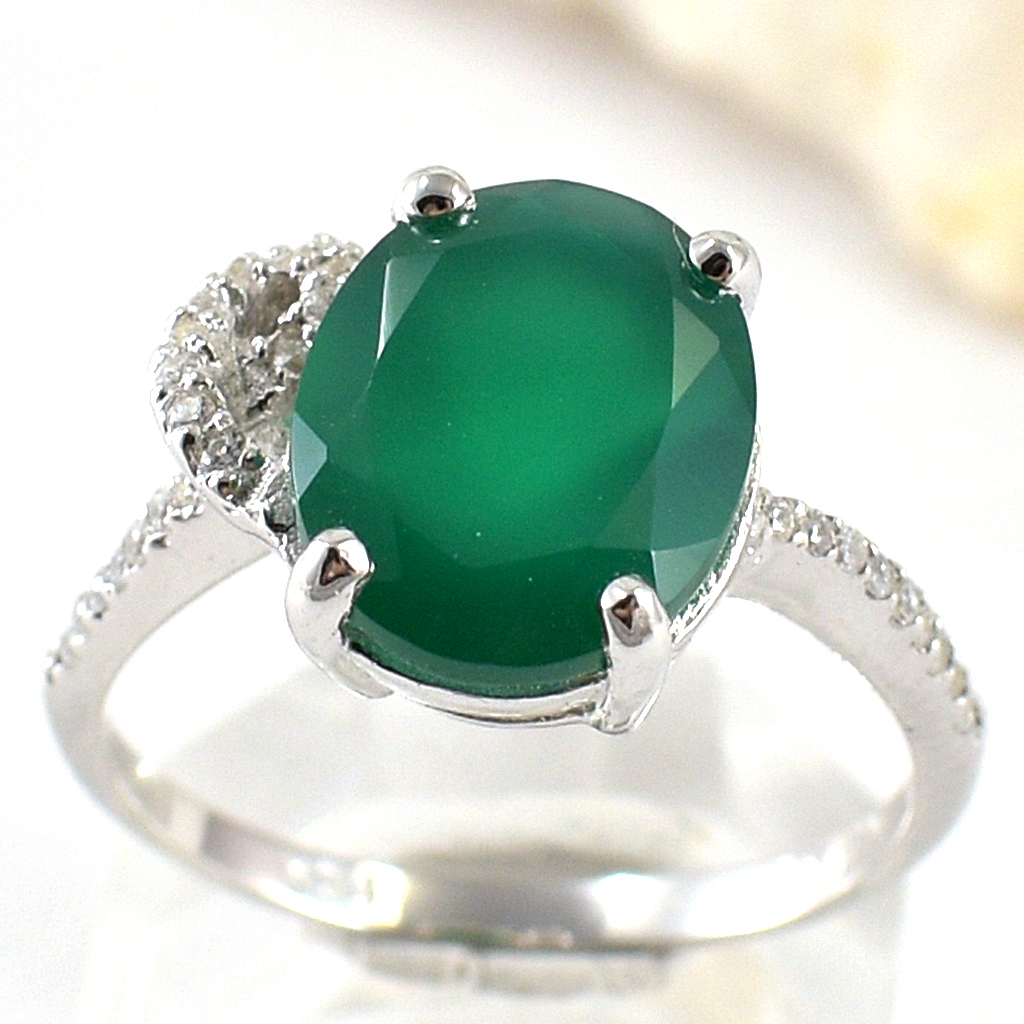 แหวนเงินแท้ราคาถูกชุบทองคำขาว พลอยแท้กรีนอะเกท 3.55 กะรัต เพชรCZ 0.182 กะรัต งานประณีตสวยงาม สั่งผลิตค่ะ