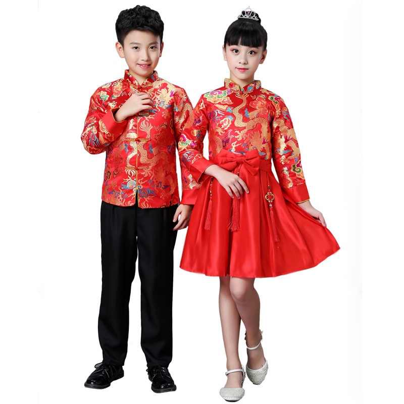 **พร้อมส่ง** ชุดจีน กี่เพ้า ชุดจีนเด็กชาย เสื้อสีแดงแขนขลิบทอง+สแลคดำ รุ่น 2