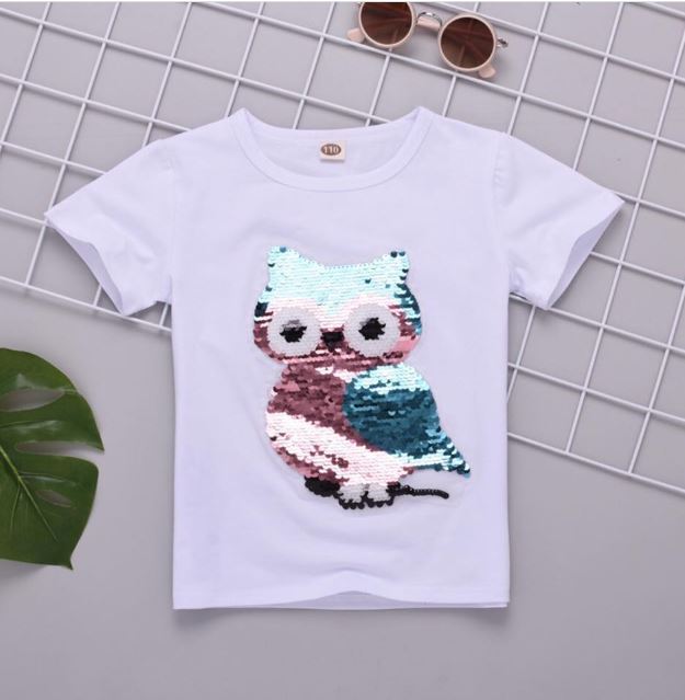 เสื้อเด็ก เสื้อยืด แขนสั้นปักเลื่อม ลายนกฮูกสีชมพู-ขาว