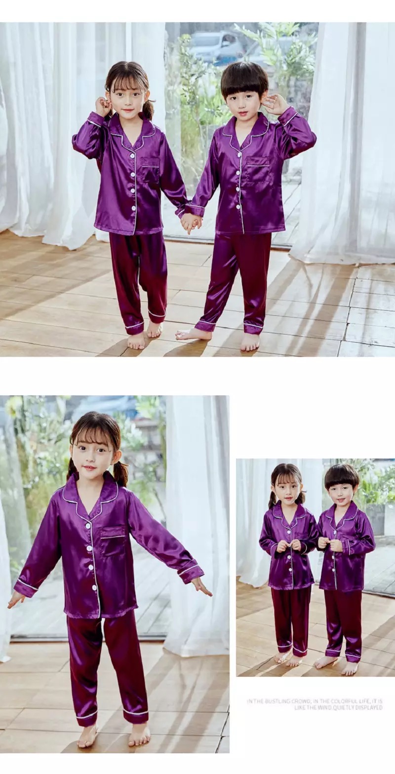 พร้อมส่ง ชุดนอนเด็ก ชุดนอนซาติน เสื้อแขนยาว+กางเกงขายาว