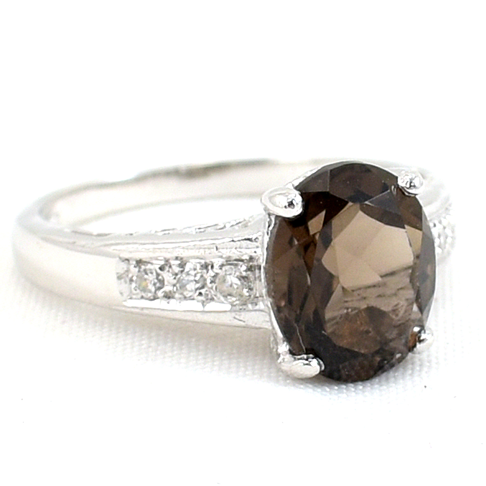 แหวนเงินแท้ราคาถูกชุบทองคำขาว พลอยแท้สโมกกี้ควอทซ์ 2.25 กะรัต เพชรCZ 0.15 กะรัต งานประณีตสวยงาม สั่งผลิตค่ะ