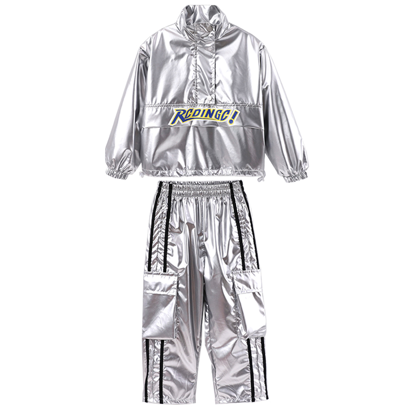 ชุดเต้น**Set เสื้อแจ็คเก็ตแขนยาว สีเงิน+กางเกงขายาวสีเงิน ใส่ได้ทั้งชายและหญิง