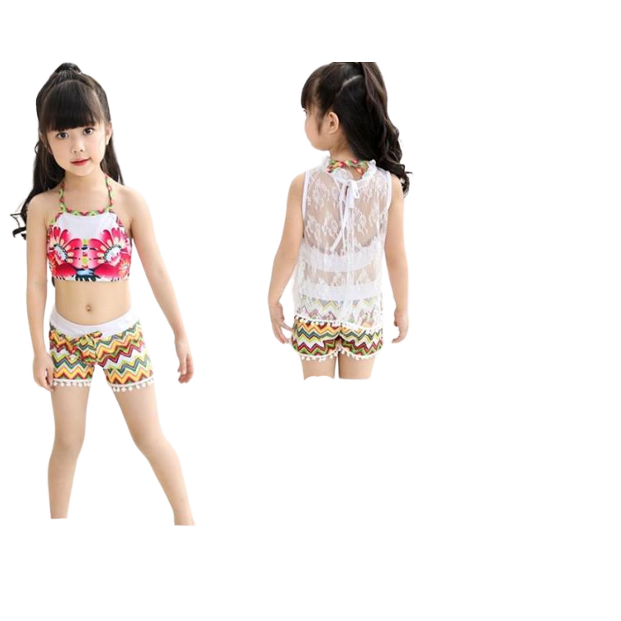 สินค้าพร้อมส่ง ชุดว่ายน้ำ เด็กหญิง เซ็ต 3 ชิ้น สไตล์ลายดอก