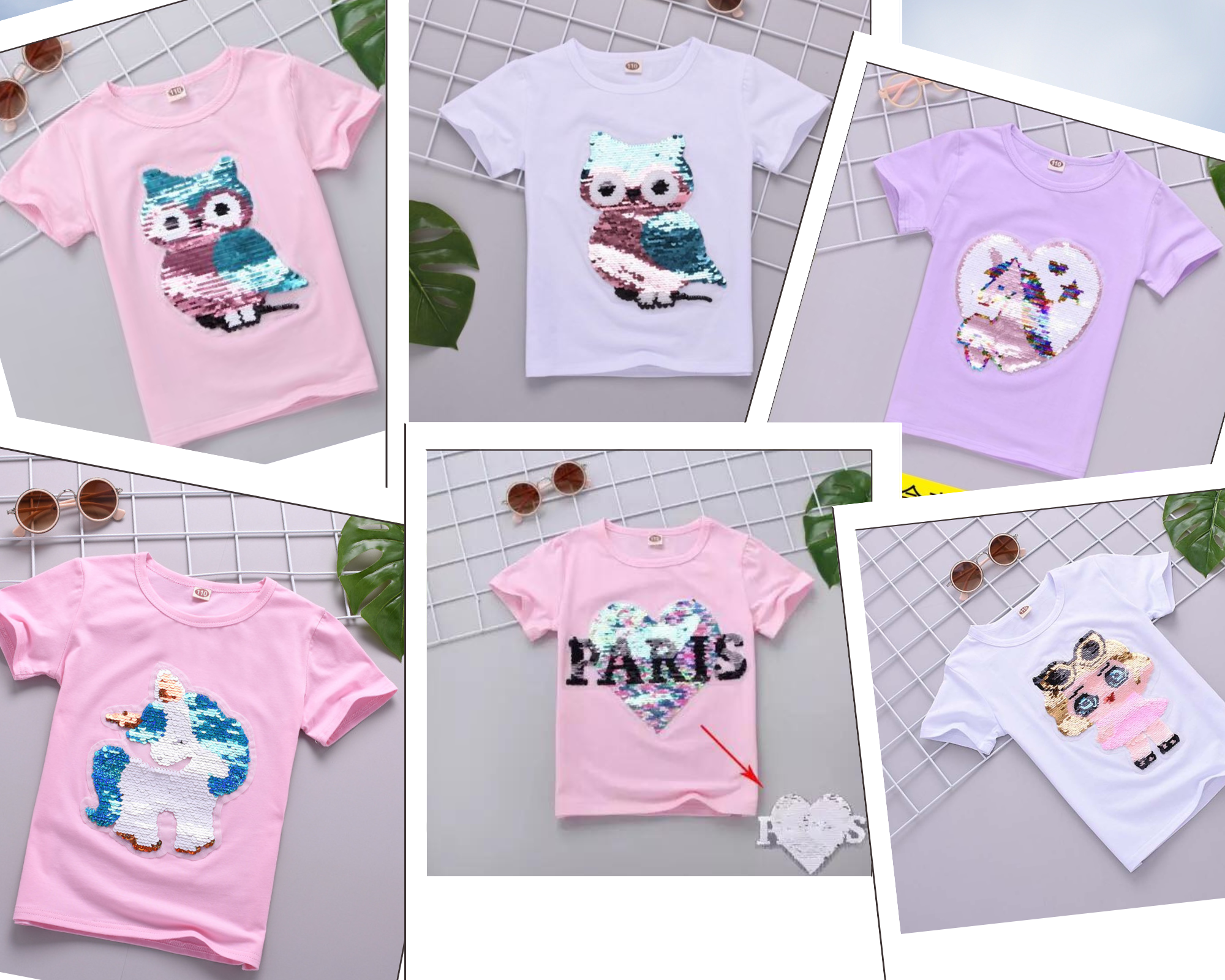 เสื้อเด็ก เสื้อยืด แขนสั้นปักเลื่อม ลายนกฮูกสีชมพู-ขาว