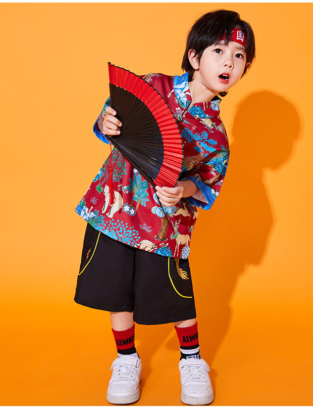 พร้อมส่ง ชุดตรุษจีน กี่เพ้า เซ็ตเด็ก เสื้อแขนสั้นสีแดงลายมังกร+กระโปรง กางเกงทอง