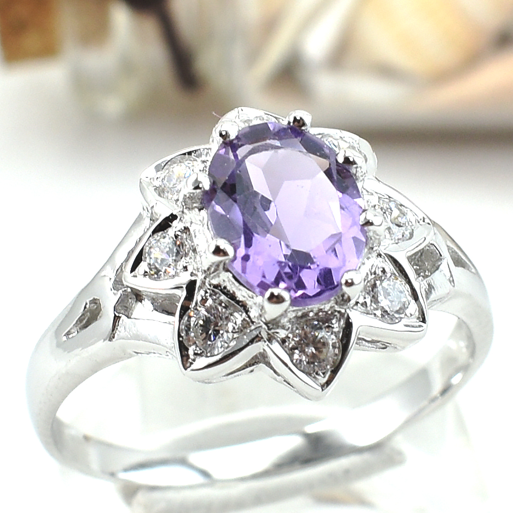 แหวนเงินแท้ราคาถูกชุบทองคำขาว แอมิทิสต์แท้ 1.25 กะรัต เพชรCZ 0.24 กะรัต งานประณีตสวยงาม สั่งผลิตค่ะ